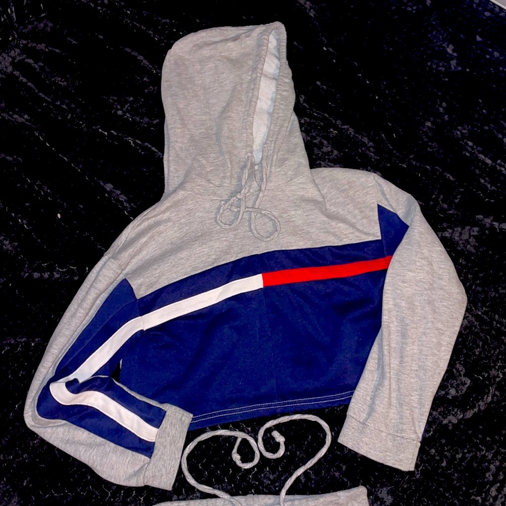 Gray, White, Red & Blue Crop Hoodie and Pants Matching Set